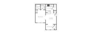 A floor plan of a small apartment with a bedroom, kitchen, living/dining area, and a storage area.