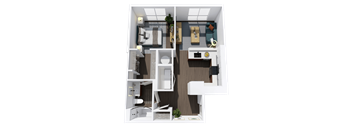 A top-down view of a small apartment with a kitchen, living room, and bathroom.