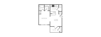 A floor plan of a small apartment with a bedroom, kitchen, living/dining area, and patio.