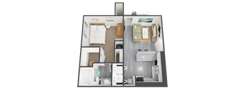 A top-down view of a room with a bed, couch, and kitchen area.