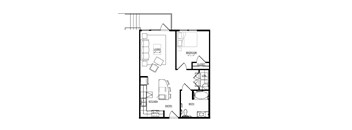 A black and white floor plan of a house with a living room, bedroom, bathroom, kitchen, and entry.