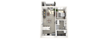 A 3D floor plan of a small apartment with a kitchen, living room, and bathroom.