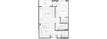 A floor plan of a house with a balcony, living room, dining room, kitchen, bathroom, and bedroom.