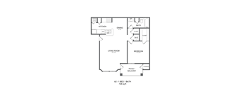 A floor plan of a one bedroom apartment with a living room, dining room, kitchen and bath.