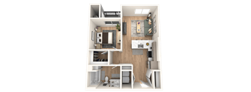 A 3D rendered image of a small apartment layout.