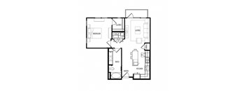 A black and white floor plan of a house with a bedroom, bathroom, kitchen, living room, and closet.