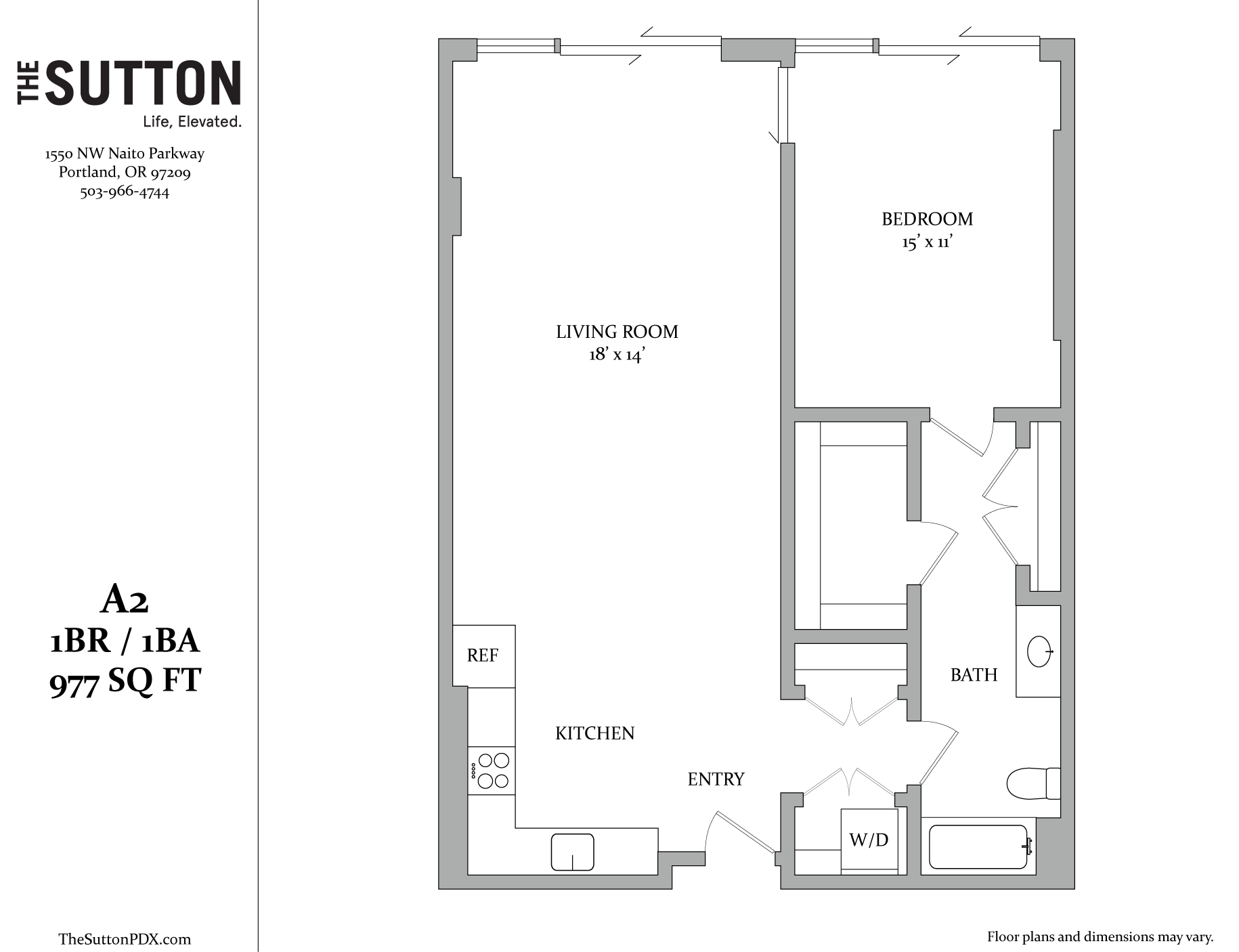 A floor plan for a one bedroom apartment with a living room and a kitchen.