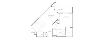 A floor plan of a house with a living room, bedroom, kitchen, pantry, bathroom, linen closet, and entry.