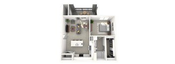 A 3D floor plan of a house showing a kitchen, living room, dining room, and bedrooms.