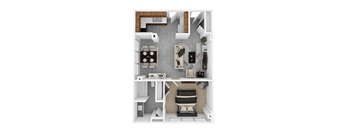 One-bedroom one-bath apartment floor plan at Idlewild 45 in Memphis TN with modern kitchen, dining space, and ample closet storage
