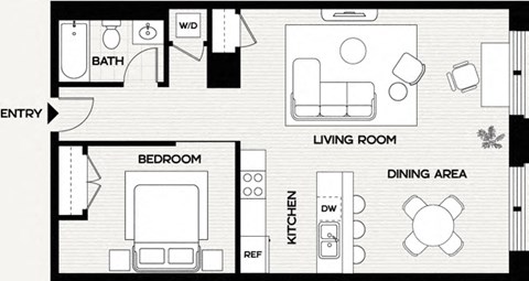 A black and white diagram of a house layout with a bedroom, living room, dining area, and kitchen.