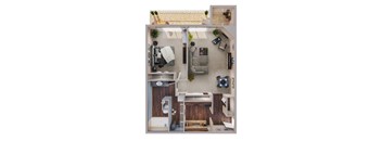 A top-down view of a small apartment with a bedroom, living room, and kitchen.