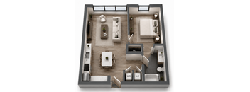 A2 one-bedroom apartment floor plan at MB Station in Miami, FL featuring a large living area, modern kitchen, private bedroom suite, full bathroom, and outdoor space. Pet-friendly apartments near Coral Way, Coconut Grove, and Downtown Miami.