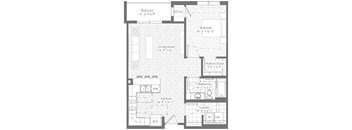 A floor plan of a home with a balcony, living room, kitchen, bathroom, and laundry area.