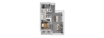 A top-down view of a modern apartment layout with a kitchen, living room, and bedrooms.