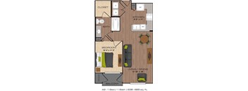 A 1 Bed/1 Bath apartment is 638-665 sq. ft.