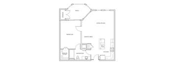 A floor plan of a house with a patio, living room, dining area, kitchen, bedroom, bathroom, and walk-in closet.