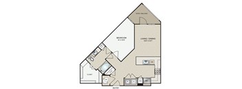 A floor plan of a home with a bedroom, living/dining area, and a closet.