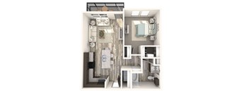 A 3D floor plan of a small apartment with a kitchen, living room, and bathroom.