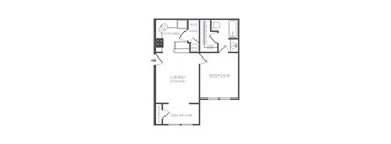 A floor plan of a small apartment with a kitchen, living room, bedroom, and storage.