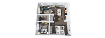 A 3D floor plan of a house with a living room, kitchen, dining room, and two bedrooms.