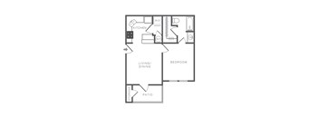 A black and white image of a floor plan for a house with a kitchen, living/dining area, bedroom, patio, and storage.