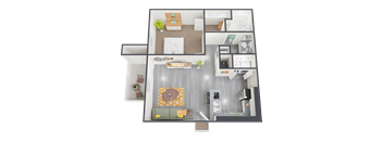 A 3D floor plan of a house with a living room, kitchen, and two bedrooms.