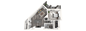 A 3D rendered image of a modern house interior.