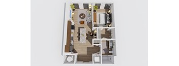 A top-down view of a modern apartment layout with a kitchen, living room, and bedrooms.