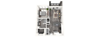 A 3D floor plan of a small apartment with a living room, kitchen, and bedroom.