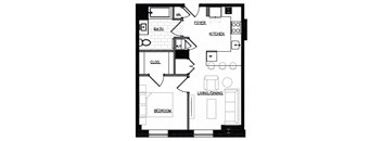a floor plan of a small house with a kitchen and a living room