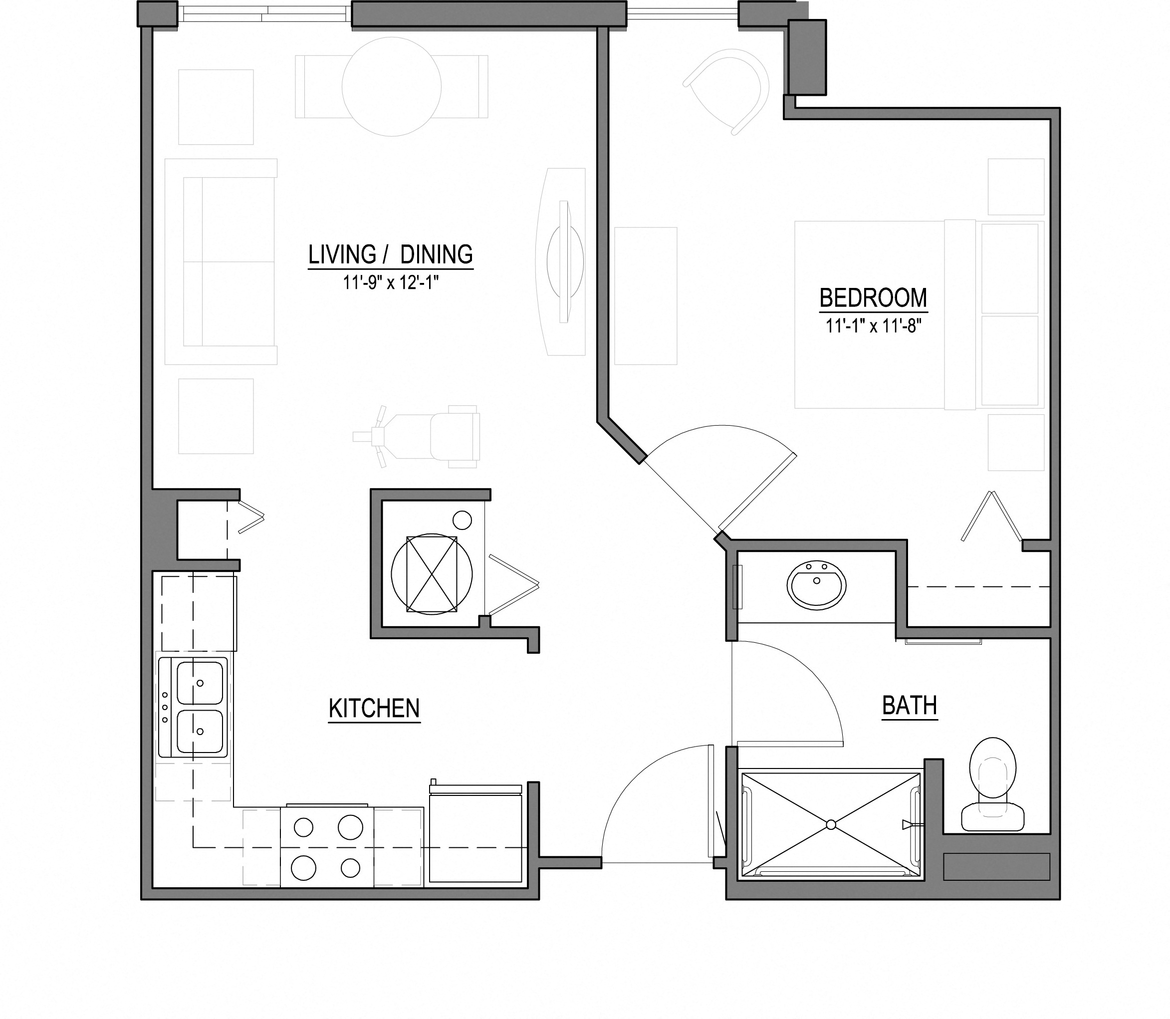 A3 1 Bed - 1 Bath |569 sq ft floorplan