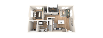 A 3D floor plan of a house showing a living room, kitchen, and two bedrooms.