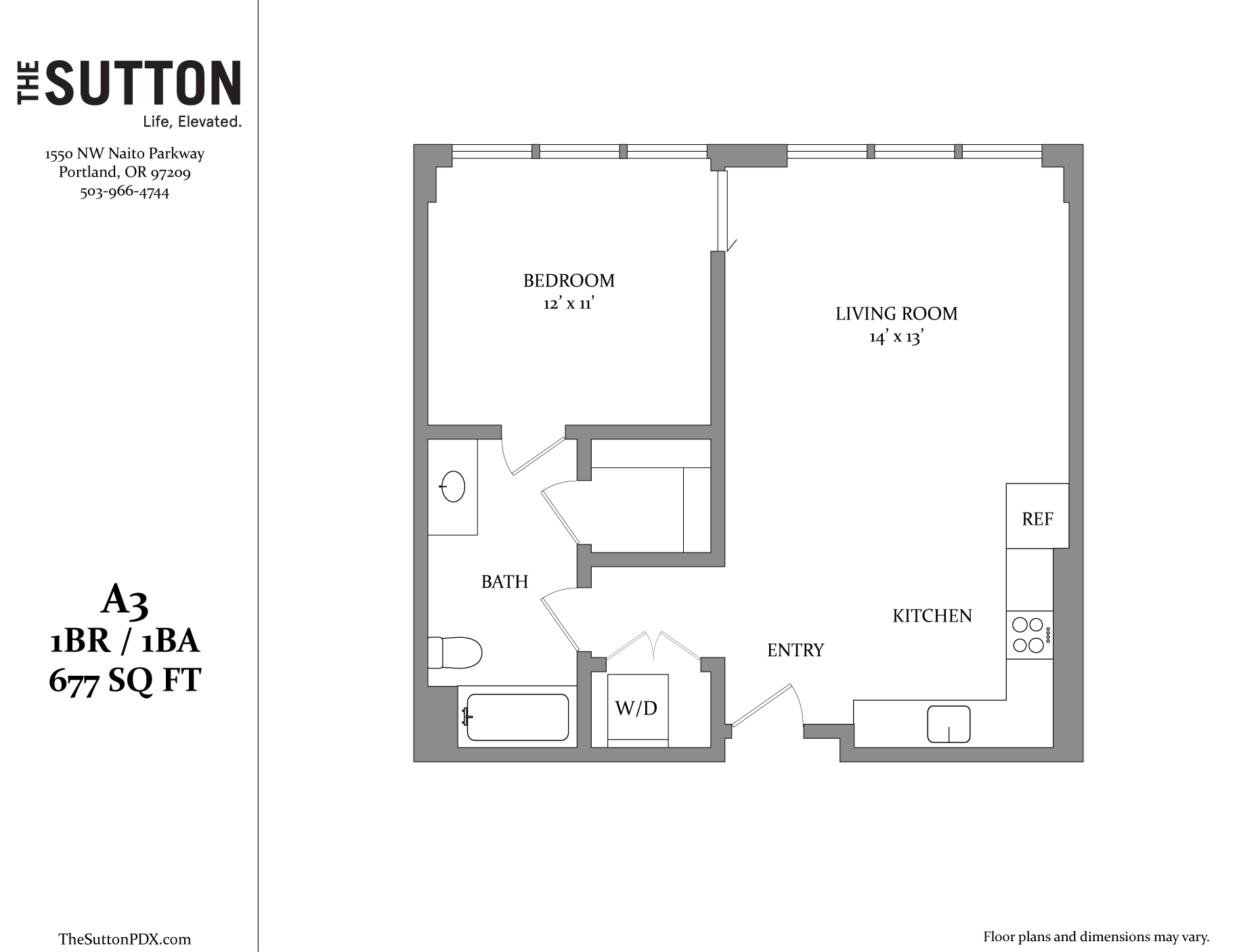 A drawing of a floor plan for a 1 bedroom, 1 bathroom apartment.
