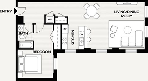 A floor plan of a small apartment with a living room, kitchen, and bathroom.