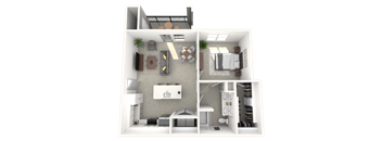 A 3D floor plan of a small apartment with a kitchen, living room, and bedroom.