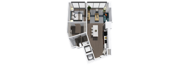 A 3D floor plan of a small apartment with a kitchen, living room, and bathroom.
