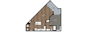 A floor plan of a house with a living room, dining room, kitchen, and bathrooms.