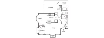 A black and white floor plan of a house with a living room, dining room, kitchen, bedroom, bathroom, and walk-in closet.