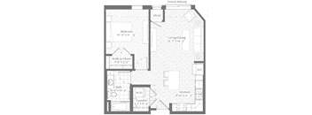 A floor plan of a small apartment with a French balcony.