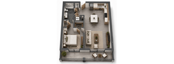 A3 one-bedroom apartment floor plan at MB Station apartments featuring an open living space, modern kitchen, spacious bedroom, full bathroom, and private balcony. Apartments for rent in Miami near Coral Way and Silver Bluff.