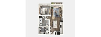 A top-down view of a small apartment with a kitchen, living room, and bathroom.
