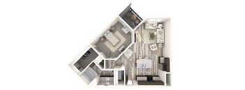 A top down view of a small apartment with a kitchen, living room, and bathroom.