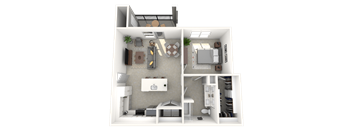 A 3D floor plan of a small apartment with a kitchen, living room, and bedroom.
