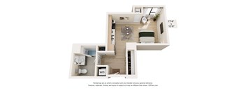A floor plan of a small apartment with a kitchen, living room, and bathroom.