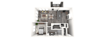 A 3D rendered image of a modern house layout.