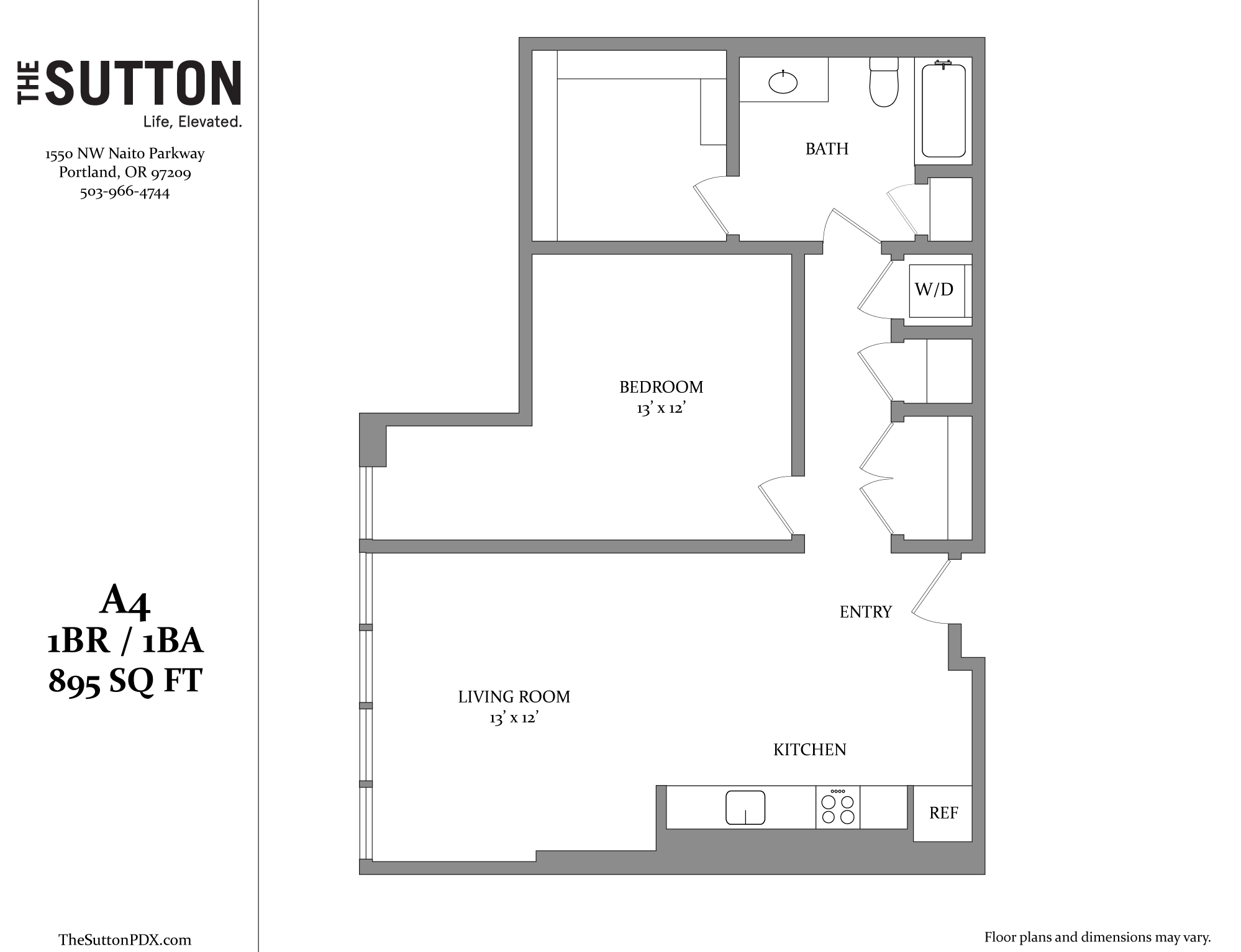 A floor plan for a one bedroom apartment with a living room and kitchen.