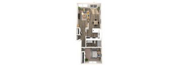 A top-down view of a small apartment with a kitchen, living room, and bathroom.