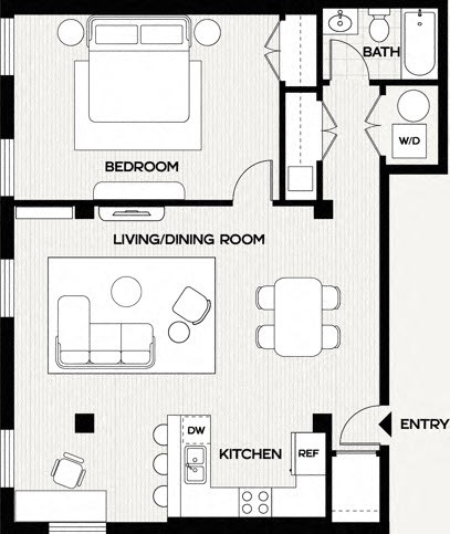 A black and white image of a floor plan for a small apartment.