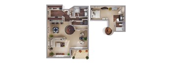 A top down view of a small apartment with a living room, kitchen, and bedroom.
